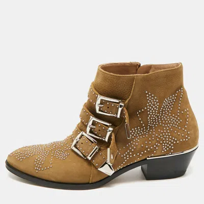 Pre-owned Chloé Susanna Studded Size 38 Olive Green Nubuck Leather Ankle Boots