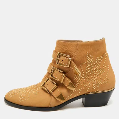 Pre-owned Chloé Susanna Studded Size 38.5 Tan Nubuck Leather Ankle Boots In Brown
