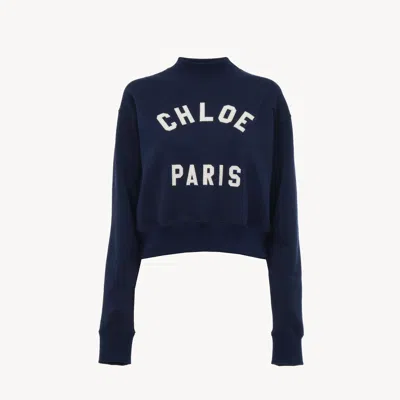 Chloé Mock-neck Logo Jumper In Cotton Fleece In Blue