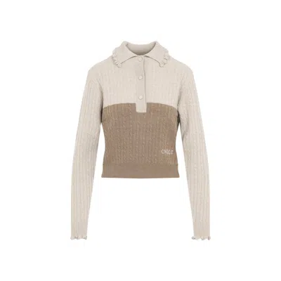 Chloé Cable-knit Ruffled Wool And Cashmere Polo Sweater In Brown