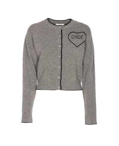 Chloé Wool And Cashmere Cardigan With Logo Knitwear Grey In Gray