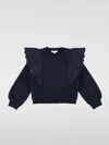 Chloé Kids' Girl's Logo-print Embroidered Ruffle Trim Sweater In Blau