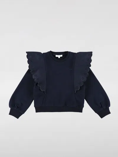 Chloé Kids' Girl's Logo-print Embroidered Ruffle Trim Sweater In Blau