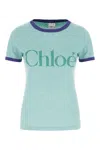 Chloé Green Crewneck T-shirt With Logo Lettering Print On The Front In Cotton Woman In Blue