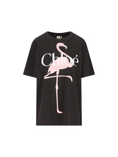 Chloé Women Black Crewneck T-shirt With Maxi Logo Print On The Front In Cotton Woman