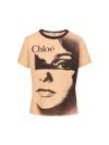 Chloé Multicolor Crewneck T-shirt With Maxi Graphic Print On The Front In Wool Blend Woman In Tender Orange