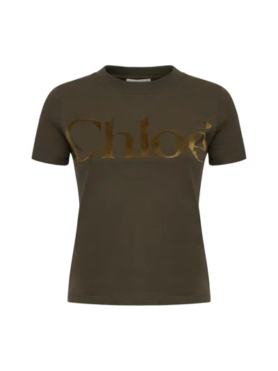 Chloé Logo Lettering T-shirt In Cedar Green