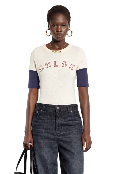 Chloé T-shirt Con Logo In Cotone E Lana Flamé In Sand