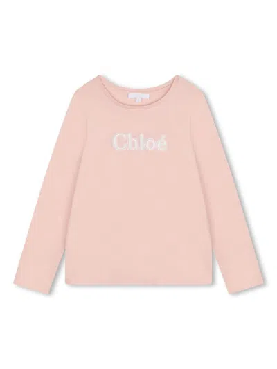 Chloé Kids' Logo-embroidered Cotton T-shirt In Rosa/antico