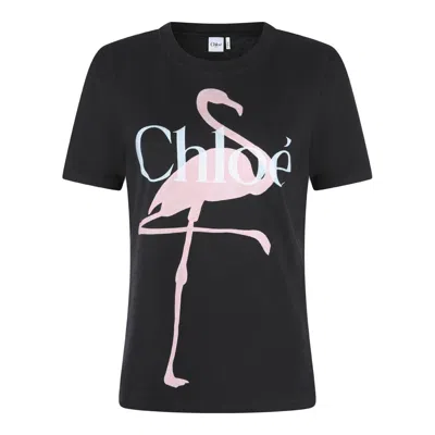 Chloé Chloe Flamingo Printed Cotton T-shirt In Black