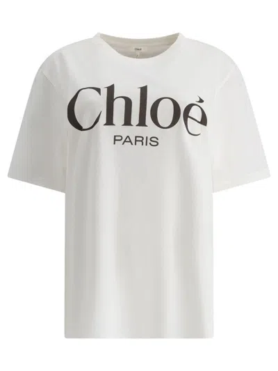 Chloé White Crewneck T-shirt With Logo Print On The Front In Cotton Woman