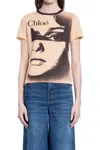 Chloé Multicolor Crewneck T-shirt With Maxi Graphic Print On The Front In Wool Blend Woman In Orange
