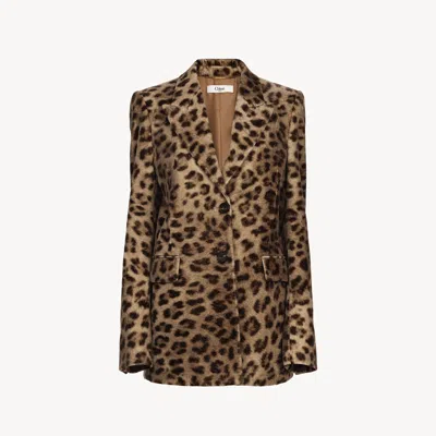 CHLOÉ TAILORED JACKET IN LEOPARD-PRINT VELVET BROWN SIZE 8 100% COTTON, HORN BUBALUS BUBALIS, FARMED, COO 