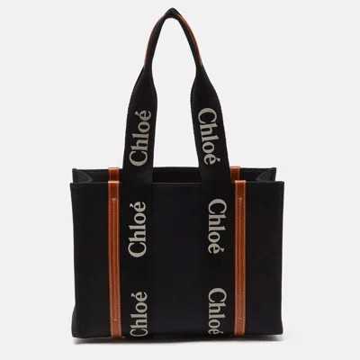 Chloé /tan Canvas And Leather Medium Woody Tote In Black