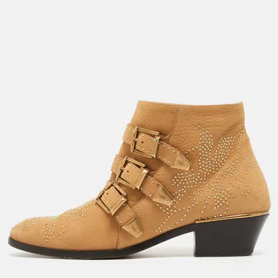 Pre-owned Chloé Tan Leather Studded Suzanna Ankle Boots Size 39