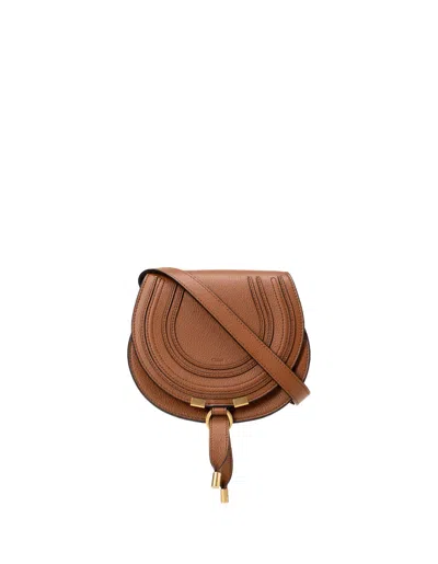 Chloé Marcie Small Leather Shoulder Bag With Logo Engraving In Tan