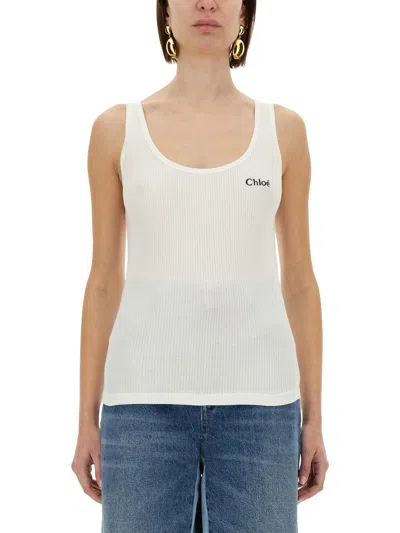 Chloé Embroidered Ribbed Cotton Tank In White