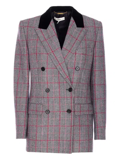 Chloé Tartan Double Breasted Coat In Gray