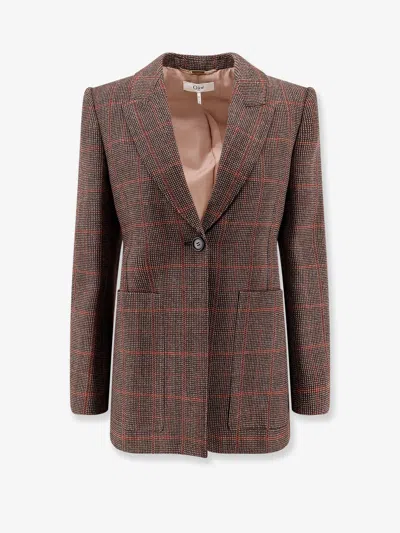 Chloé Tartan Wool Blazer With Shoulder Pads In Brown