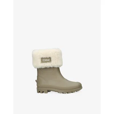 CHLOÉ TAUPE COMB LOGO-PATCH FAUX-SHEARLING AND RUBBER BOOTS EUR 27 / 9 UK