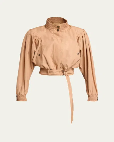 Chloé Technical Cotton Puff-sleeve Crop Jacket In Brown