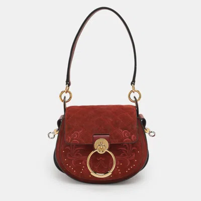 Pre-owned Chloé Tess Embroidered Red Leather And Suede Shoulder Bags