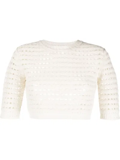Chloé Textured Knit Cropped Pullover With Round Neckline In White
