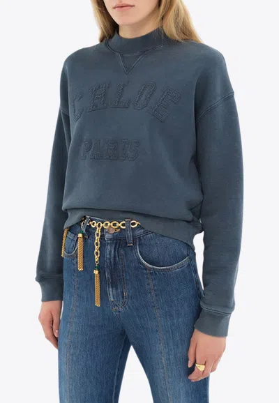 Chloé Textured Logo Cotton Fleece Sweatshirt In Blue