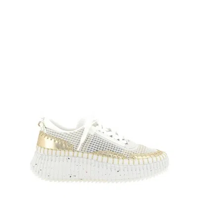Chloé Textured White Trainers With Layered Sole And Gold Accents