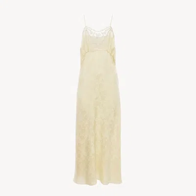 Chloé Robe Midi À Fines Bretelles En Soie Jacquard Et Dentelle Femme Laiton Doré Taille 34 100% Soie