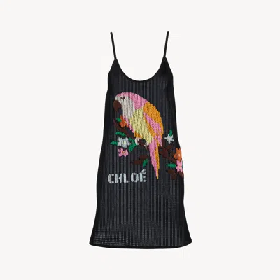 Chloé Thin-strap Fitted Logo Mini Dress In A Cotton Mesh Knit In Black