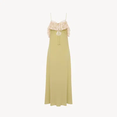 Chloé Thin-strap Long Dress In Crêpe De Chine & Lace In Multi