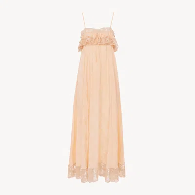 Chloé Thin-strap Long Dress In Silk Jacquard & Lace In Neutral