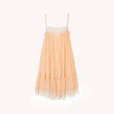 Chloé Thin-strap Mini Dress In Silk Georgette & Lace In Orange