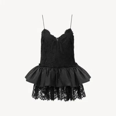 Chloé Thin-strap Ruffle Top In Technical Taffeta & Lace In Black