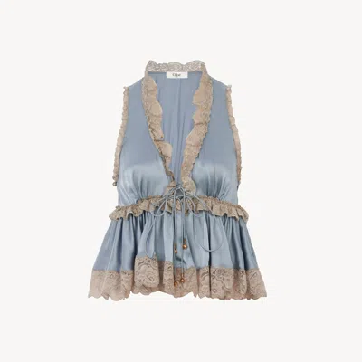 Chloé Tie-front Sleeveless Top In Washed Silk Satin & Lace In Blue