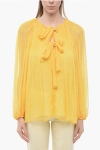 CHLOÉ TIE NECK SILK CHIFFON ACCORDION BLOUSE