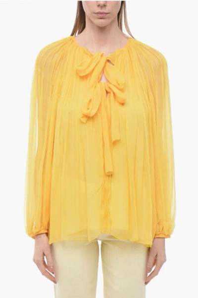 Chloé Tie Neck Silk Chiffon Accordion Blouse In Yellow