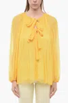 Chloé Tie Neck Silk Chiffon Accordion Blouse In Yellow