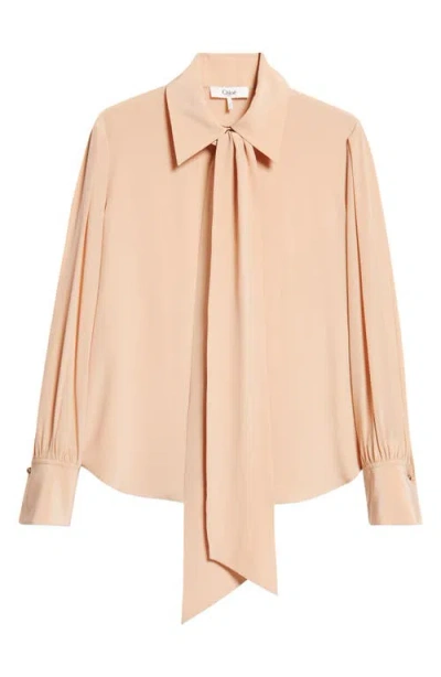 Chloé Tie Neck Silk Crêpe De Chine Button-up Shirt In Sand Brown