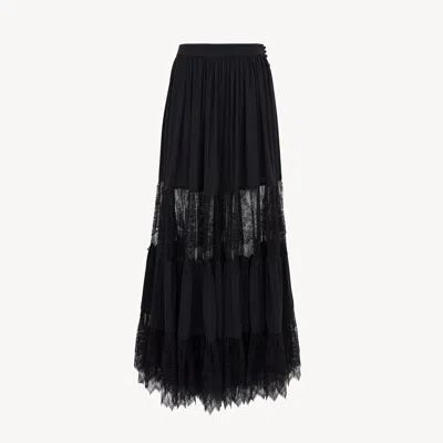 Chloé Tiered Long Skirt In Silk Georgette & Lace In Black