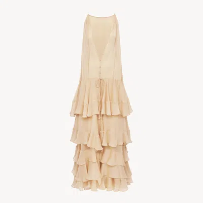 Chloé Robe Longue À Volants En Georgette De Soie Femme Beige Taille 40 100% Soie