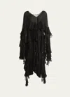 Chloé Tiered Ruffle Silk Mousseline Asymmetric Dress In Black