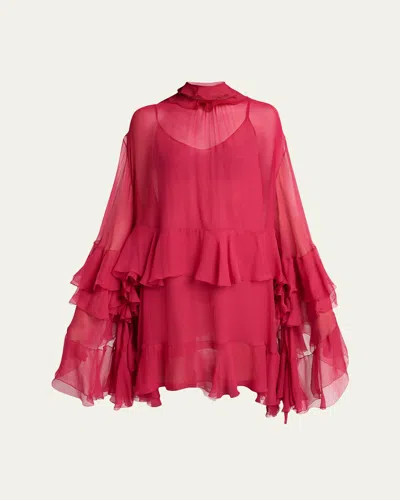 Chloé Tiered Ruffle Silk Mousseline Long-sleeve Mini Dress