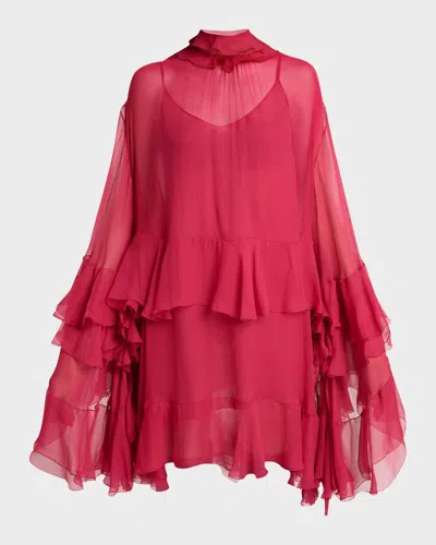Chloé Tiered Ruffle Silk Mousseline Long-sleeve Mini Dress In Pink