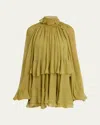 Chloé Tiered Ruffle Semisheer Long Sleeve Silk Top In Deserted Forest