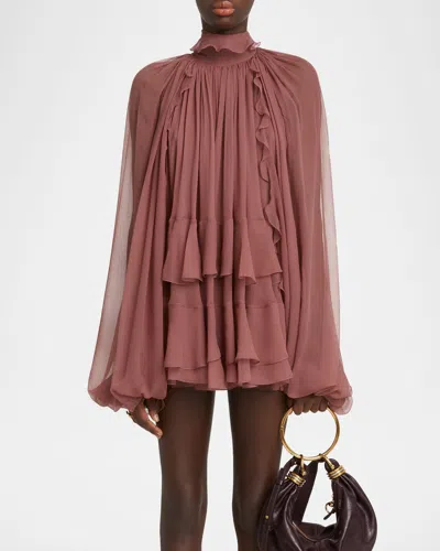 Chloé Tiered Ruffle Silk Mousseline Mini Dress In Pink
