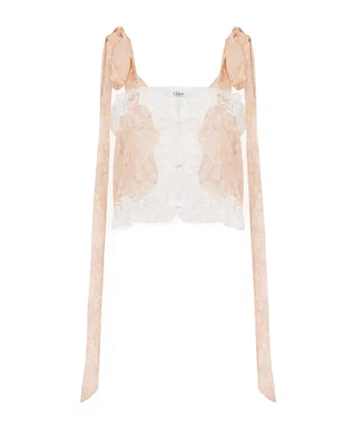 Chloé Tie-strap Cropped Top In Silk Charmeuse & Lace In Neutral
