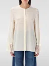 Chloé Button Down Crepe De Chine Top With Lace Sleeves In Weiss