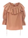 Chloé Ruffled Cotton Blouse With Drawstring Cuffs For Women In Brown